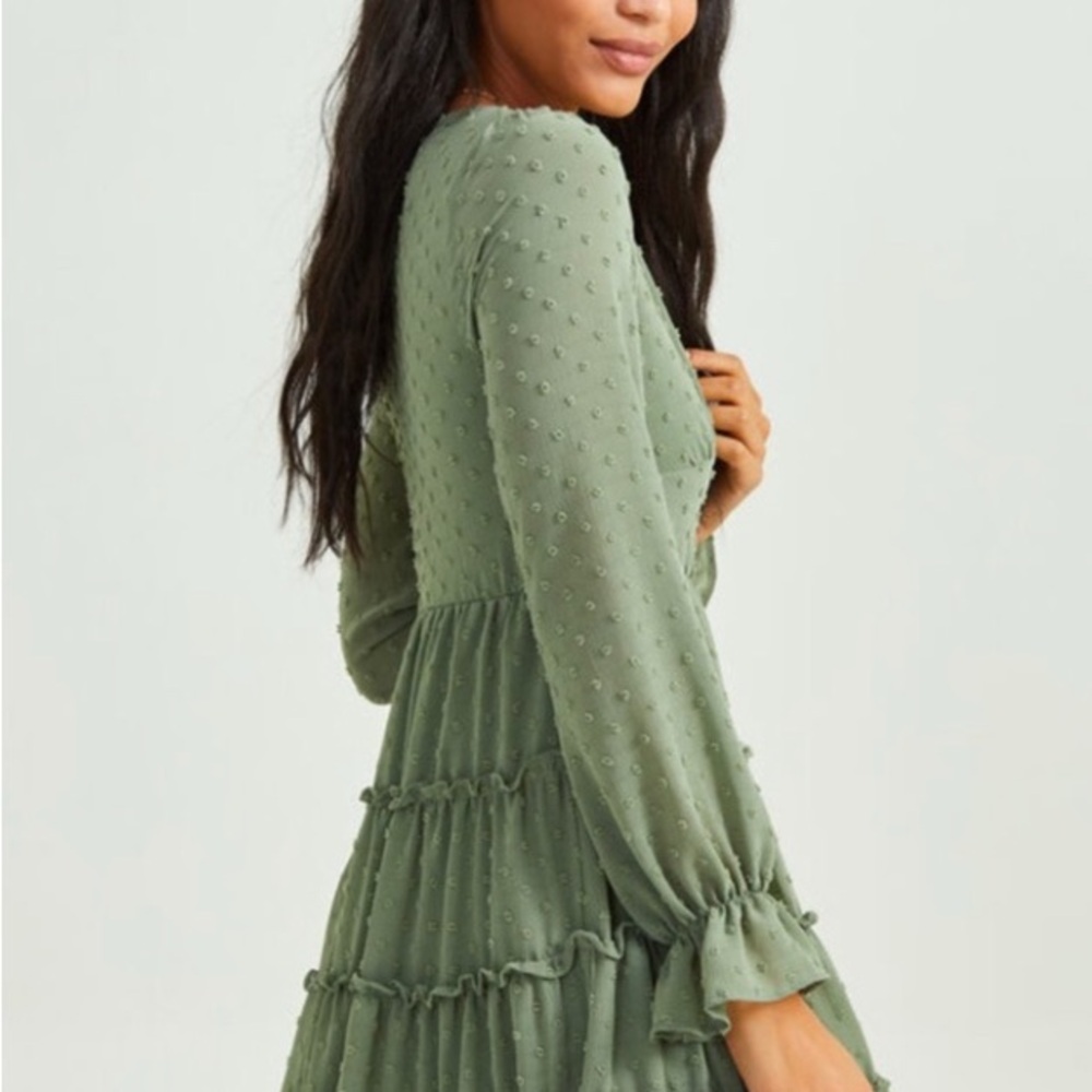 Altar'd State Teal Green Long-Sleeve Ruffle Tiered Mini Dress - Picture 4 of 10